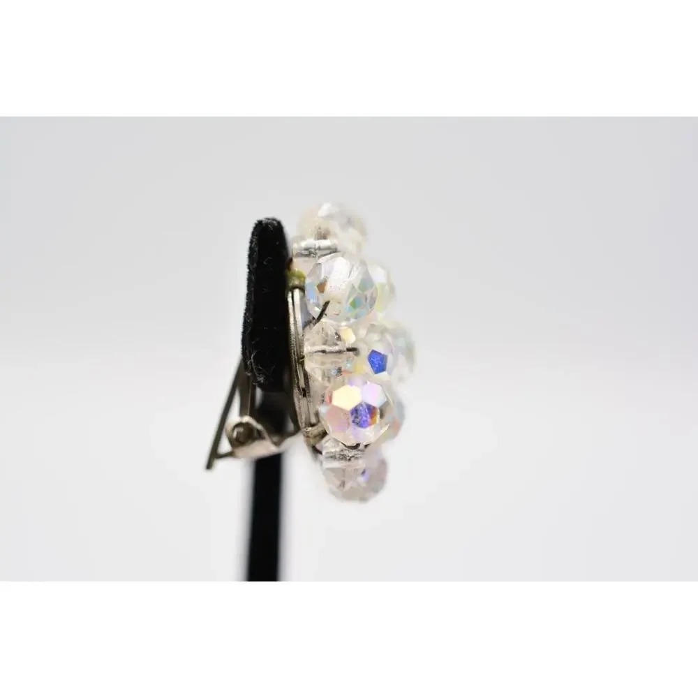 Vintage Crystal Clip On Earrings Aurora Borealis AB Cluster Silver Tone BinAA